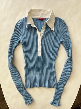 JJ Basics Vintage 90s Aqua Blue Thick Ribbed White Collar Longsleeve Polo Top L